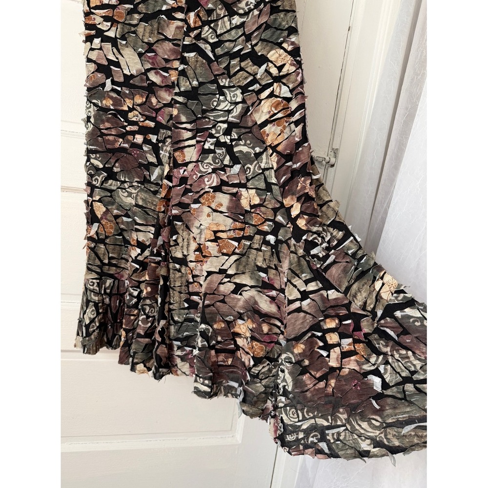 Vintage Y2K Mosaic Patchwork Maxi Skirt Asymmetrical Raw Hem Earth Tone Boho - Picture 6 of 13